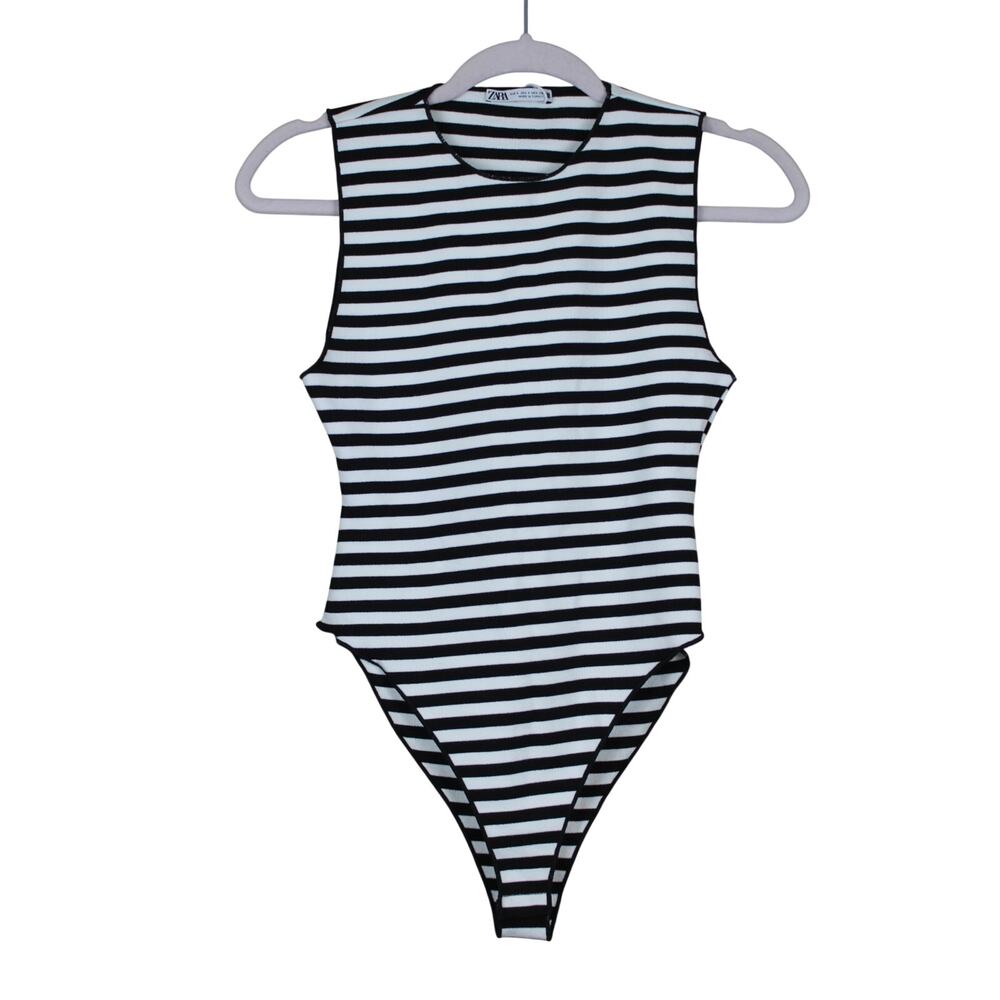NWT Zara 2 Piece Set Black & White Stripe Bodysuit High Waist Shorts Size S
